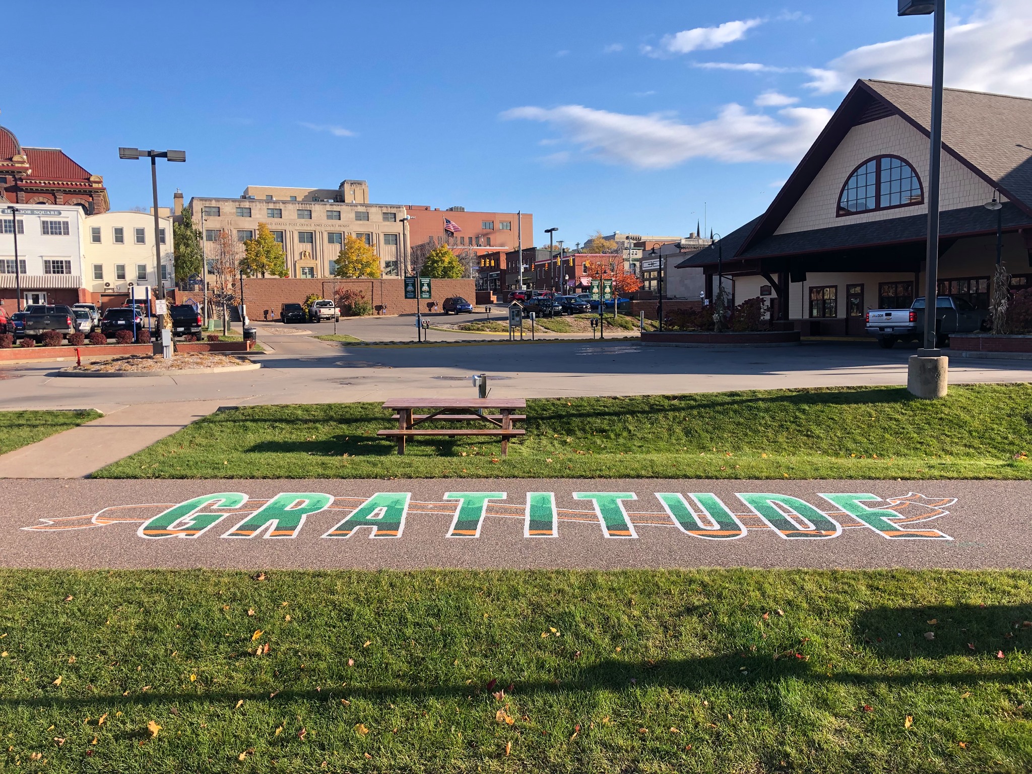 Gratitude Mural on the bike path in front of the Marquette commons