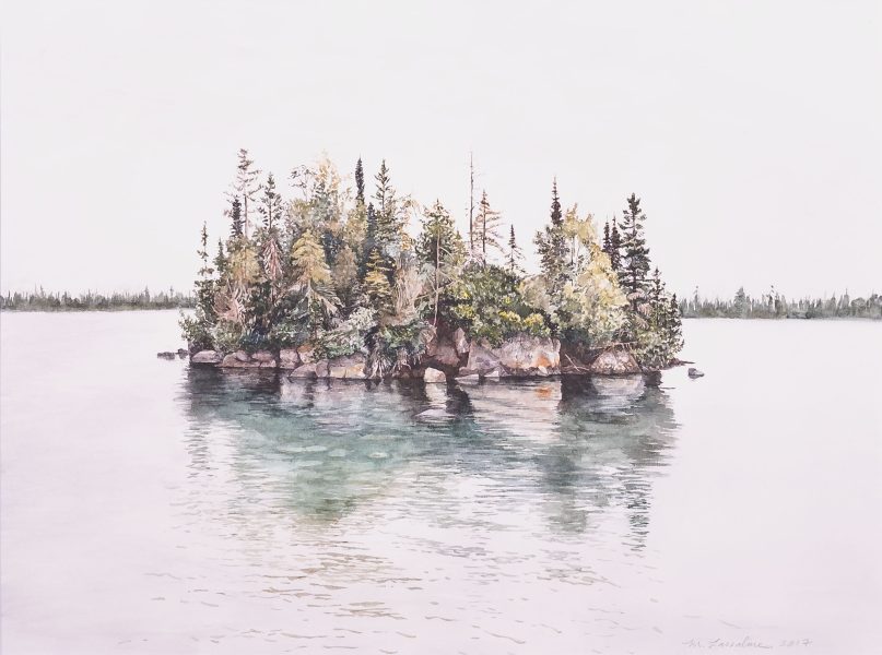 Watercolor painting of an island covered in pine trees