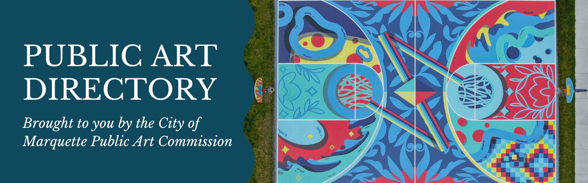 Title: Public Art Directory - photo of a brightly colored geometric Basketball court mural