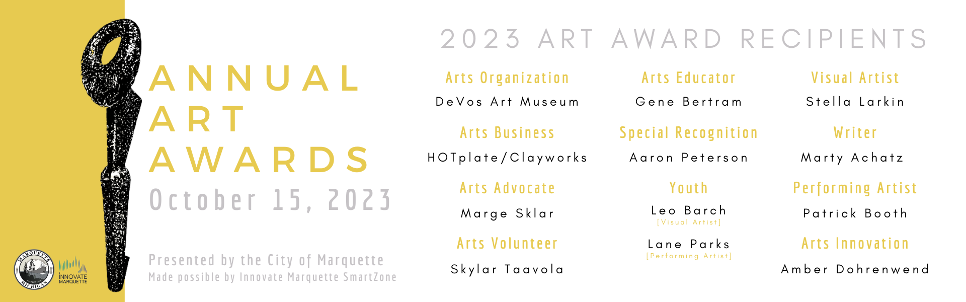 Arts Organization: DeVos Art Museum at Northern Michigan University Arts Business: HOTplate Pottery & Clayworks Arts Advocate: Marge Sklar (Dance Zone Marquette) Arts Innovation: Amber Dohrenwend Arts Volunteer: Skylar Taavola Arts Educator: Gene Bertram Writer of the Year: Marty Achatz Performing Artist of the Year: Patrick Booth Visual Artist of the Year: Stella Larkin Special Recognition: Aaron Peterson (Aaron Peterson Studios) Youth Visual Artist of the Year: Leo Barch Youth Performing Artist of the Year: Lane Parks